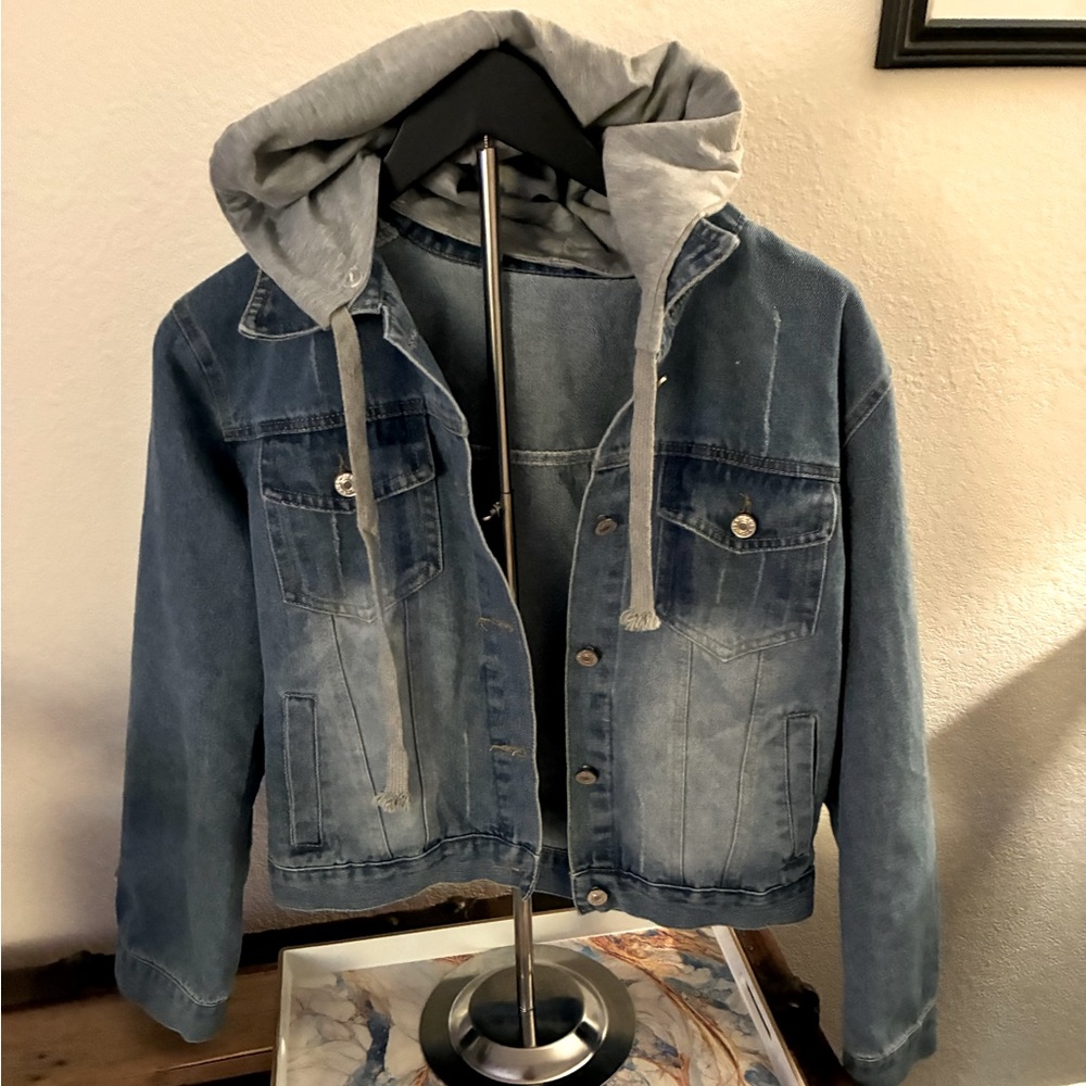 Denim Jacket with Removable Sweatshirt Material Hood